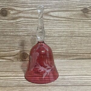 Vintage Cranberry Red Etched Glass Bell with Clear‎ Stem Handle Floral Leaves